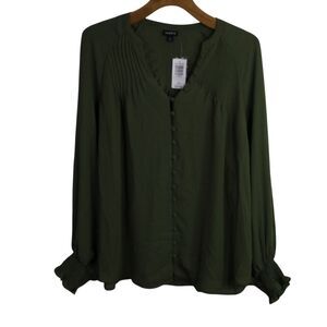 Torrid Womens Georgette Smocked Blouse Button Up Blouson Sleeve Olive Size 1X NW